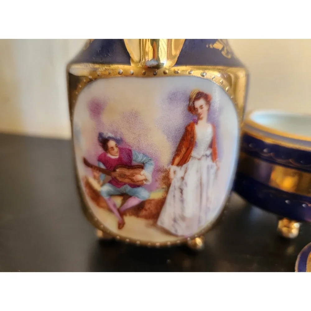 Antique Meissan Cobalt Gold‎ Grand Pictorial Romantic Couple Creamer + Sugar Set